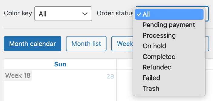 Dropdown of the available filter using the order statuses in the Dashboard Calendar page of the Rental Products for WooCommerce extension.