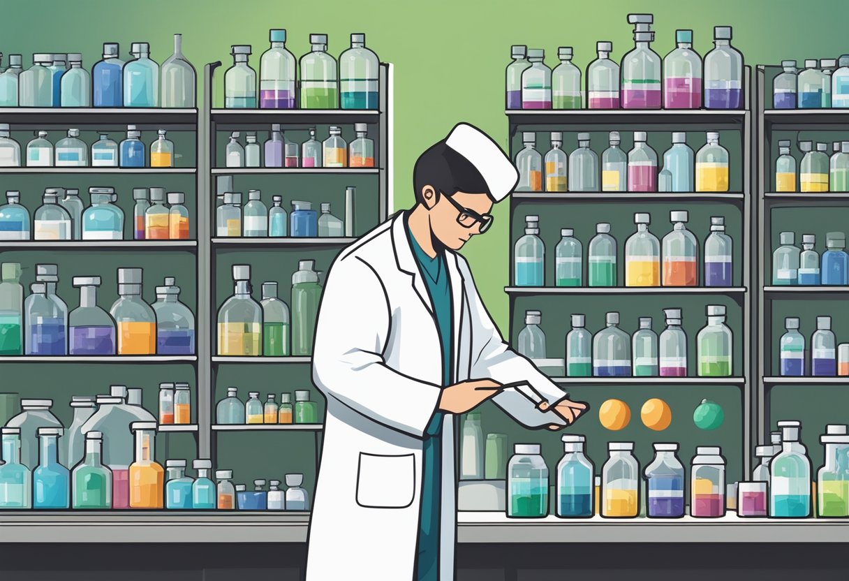 A laboratory setting with shelves of chemical containers, a scale, and a person in a lab coat handling a bottle labeled "4-methyl Acetophenone Supplier"