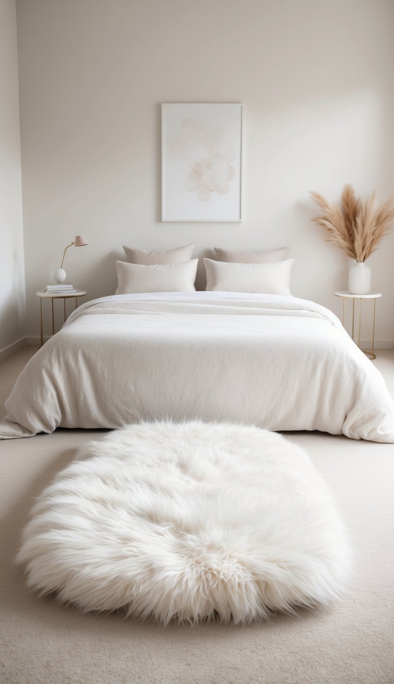 A fluffy white rug sits in the center of a serene, minimalist bedroom, surrounded by soft, neutral tones and natural light