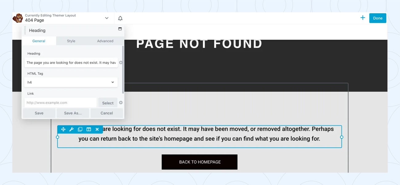 Beaver Builder’s 404 Page template editor