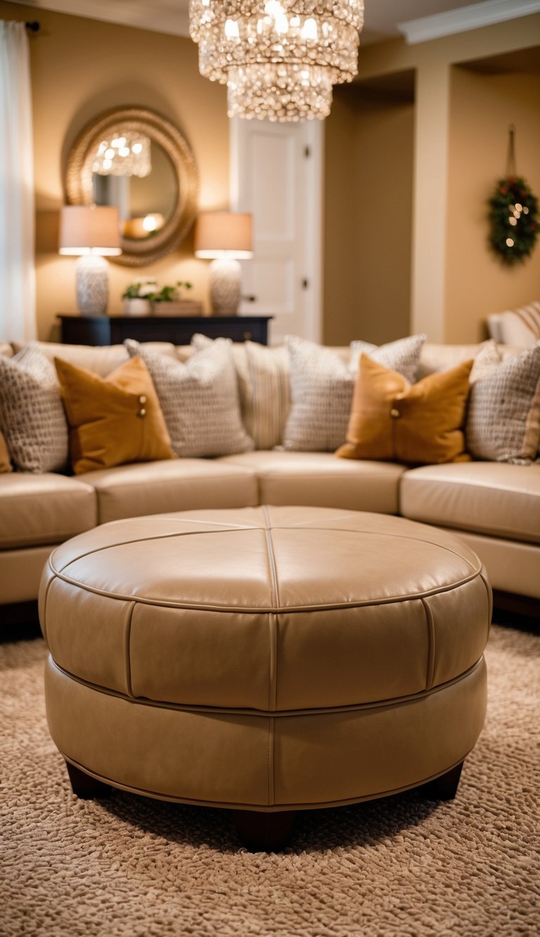 A beige leather ottoman sits in the center of a cozy beige living room, surrounded by warm, inviting decor