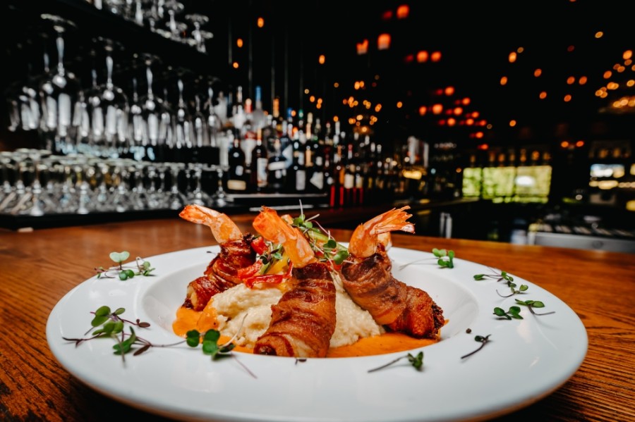 Bacon Wrapped Shrimp & Grits at Hearsay on the Waterway