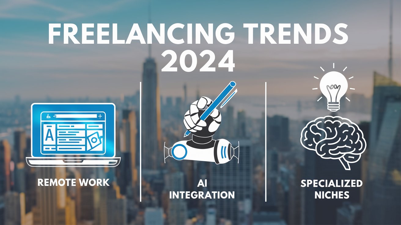 An infographic highlighting key trends in freelancing for 2024, including remote work, AI integration, and specialized niches.