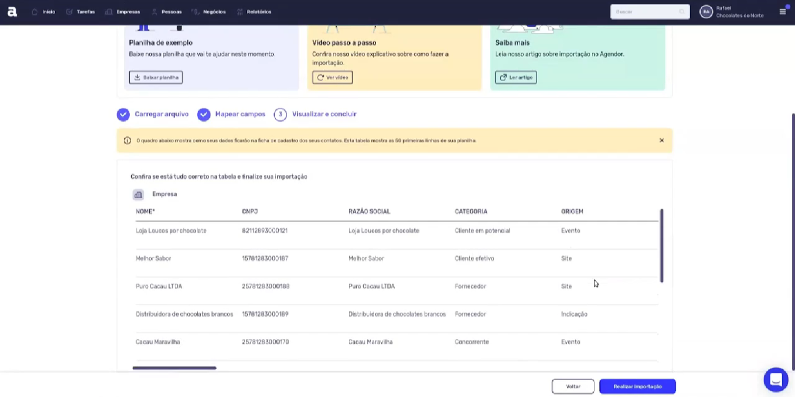 Tela 'Visualizar e concluir' do Agendor, mostrando uma prévia dos dados importados em formato de tabela. As colunas exibem 'Nome', 'CNPJ', 'Razão Social', 'Categoria' e 'Origem', com várias linhas de dados de exemplo de empresas e seus tipos.