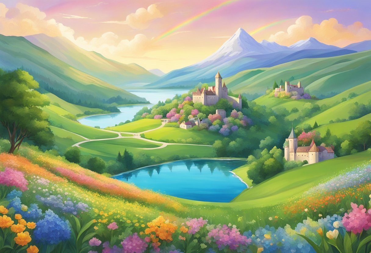 Rolling green hills dotted with ancient castles, surrounded by vibrant wildflowers and crystal-clear lakes. A rainbow stretches across the sky, leading to a charming village nestled in the valley