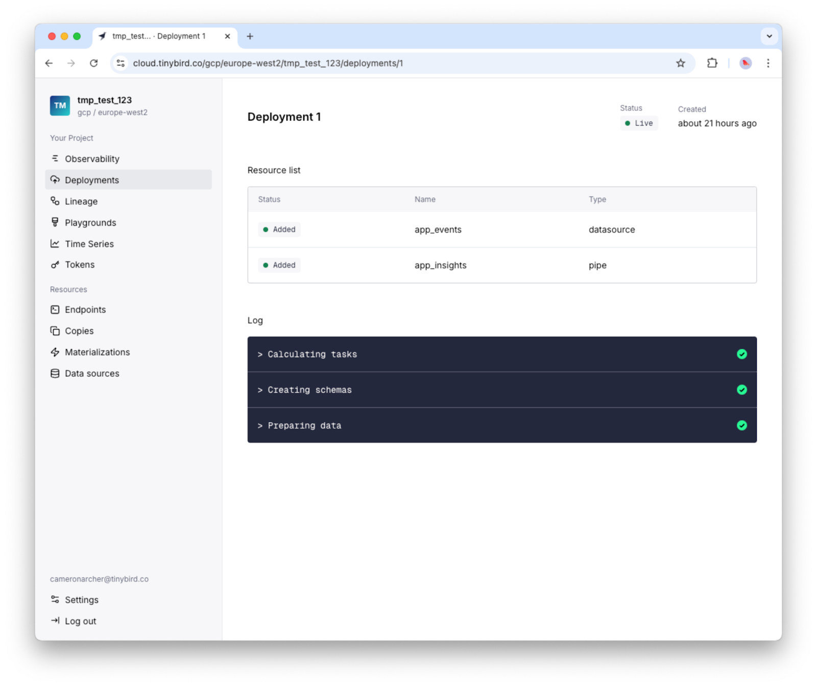 A screenshot of a Tinybird deployment