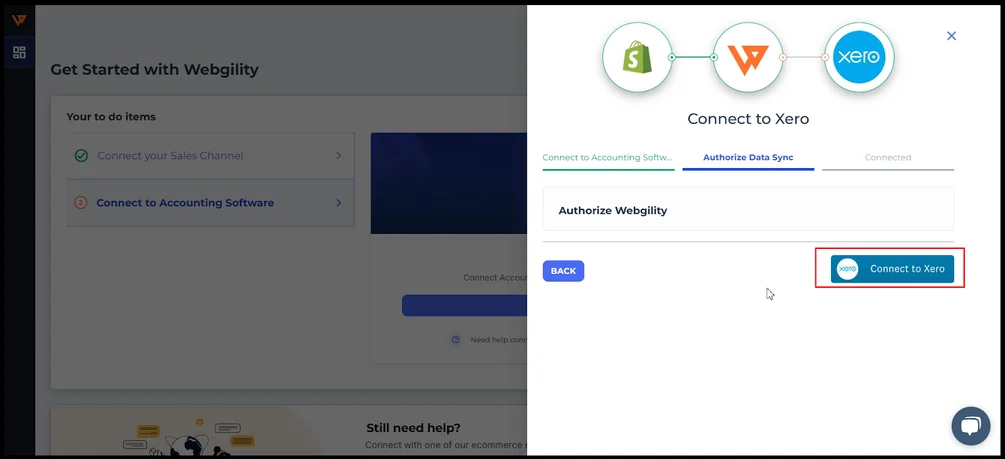  Image displaying the final set up of Xero and Webgility connection