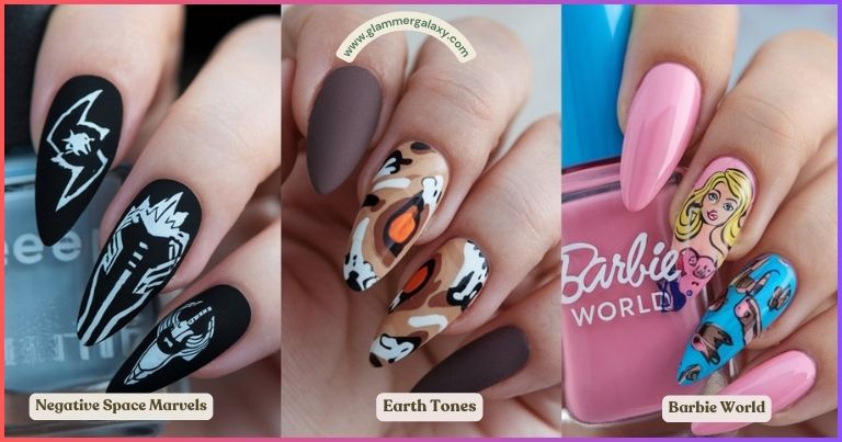 Three sets of nails with different designs; negative space marbles, earth tones, and Barbie World theme.