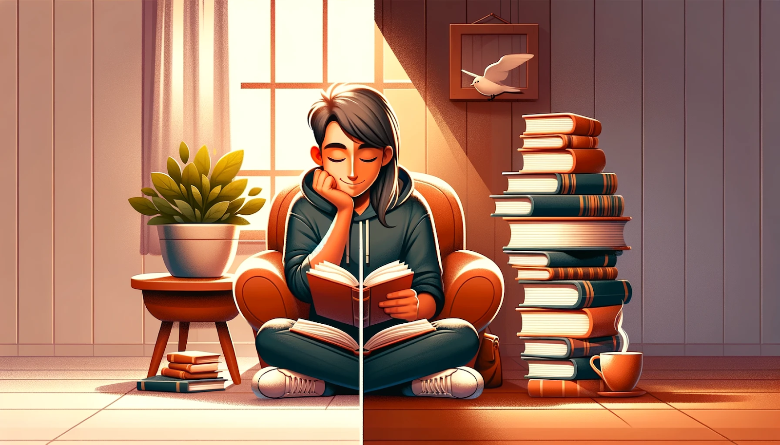 Illustration of a person reading, split between two cozy atmospheres with books.