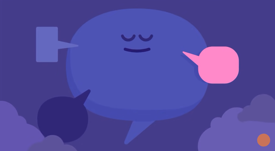 A blue speech bubble with a calm facial expression in the center of the image against a purple background surrounded by light blue, pink, and dark purple smaller speech bubbles. 