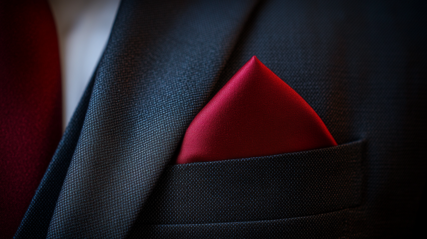 
A close-up of a red or burgundy pocket square folded neatly in the pocket of a dark suit. The red pocket square adds a bold, energetic pop of color, while the burgundy version offers a more refined, elegant touch. Soft lighting highlights the richness of the fabric, creating a confident and stylish look. The contrast between the vibrant pocket square and the deep tones of the suit adds sophistication and flair, perfect for making a statement at any event.
