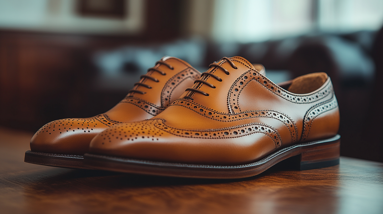 A pair of polished brown leather Oxford shoes, neatly placed with soft lighting. The rich leather texture is highlighted, showing fine details and stitching. The background is neutral and softly blurred.