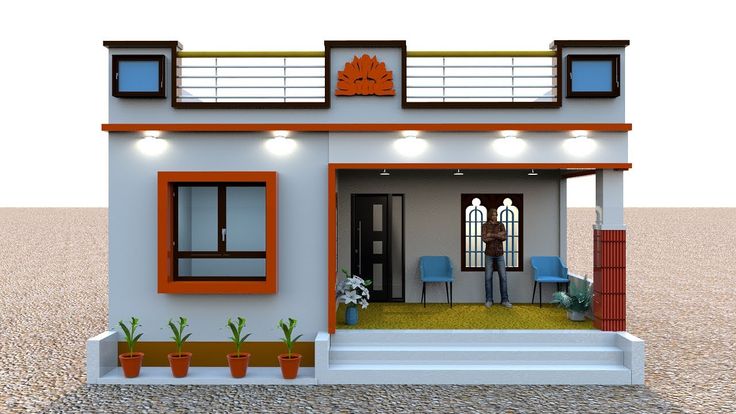 This may contain: a small white house with orange trim on the front and side windows, sitting in graveled area next to potted plants