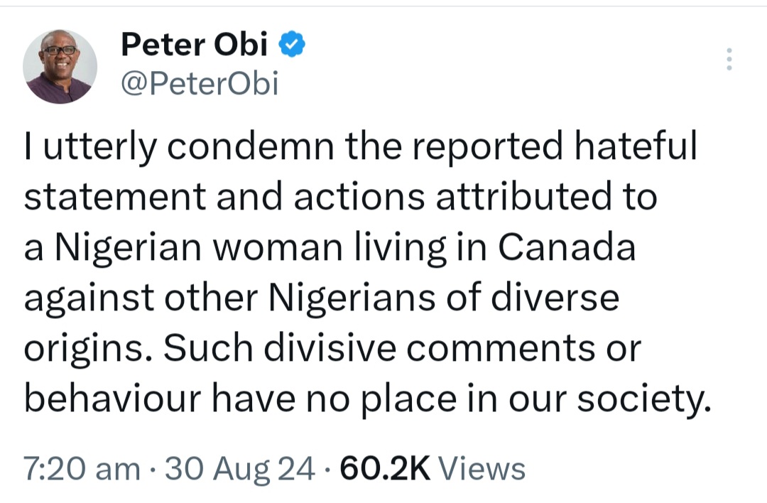 Such divisive comments have no place in our society - Peter Obi condemns statement by woman who threatened to poison Yorubas and Edo natives in Canada