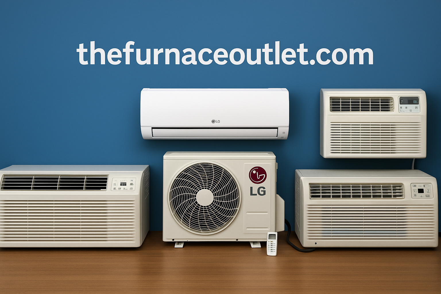 A digital photograph displays five Packaged Terminal Air Conditioner (PTAC) and mini-split units including Friedrich, Amana, LG, Gree, and GE Zoneline models arranged neatly on a wooden surface with thefurnaceoutlet.com branding above against a blue background