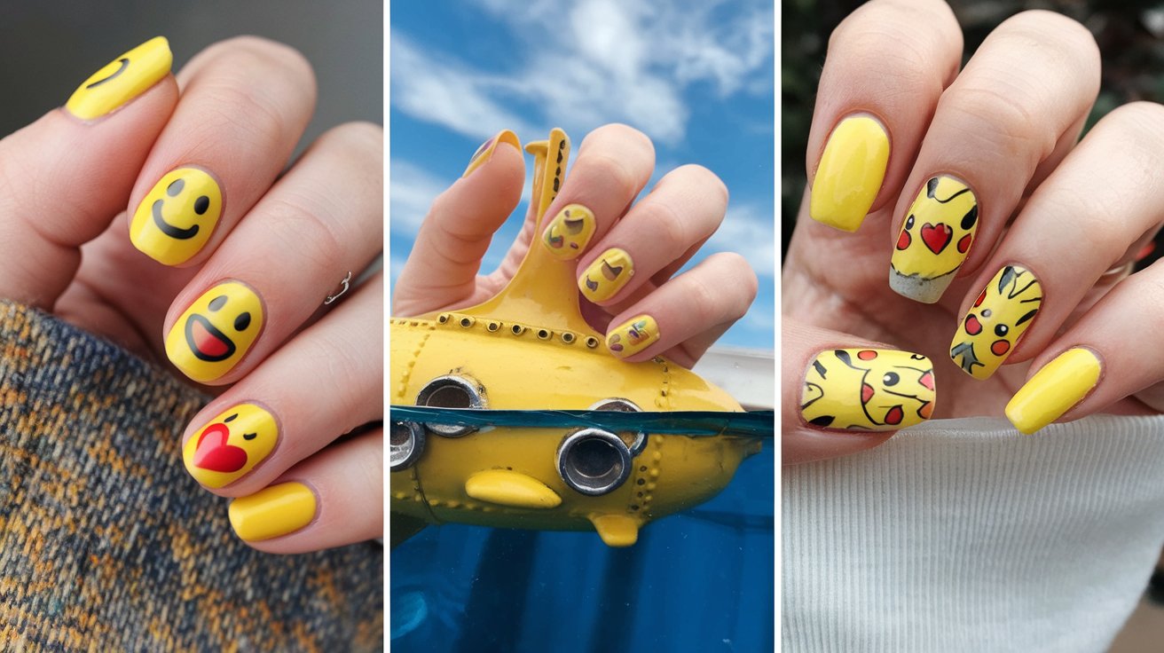 Yellow emoji-themed nail art and matching toy car with googly eyes under a clear sky.