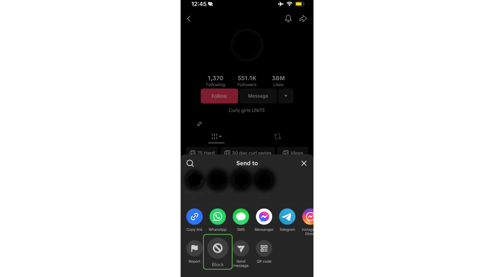 TikTok mobile screen displaying the user menu with the "Block" button highlighted among sharing and reporting options.