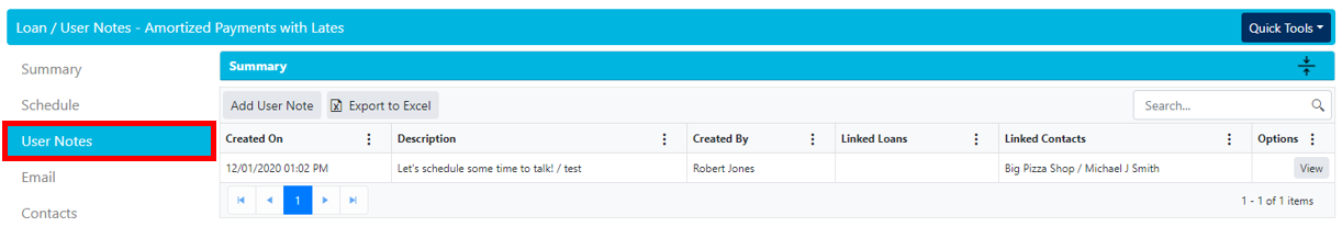 User Notes section in Bryt Software loan management interface, displaying a table of notes linked to loans and contacts.