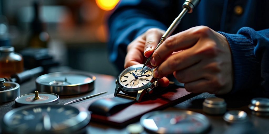 Watchmaker inspecting luxury watch with tools