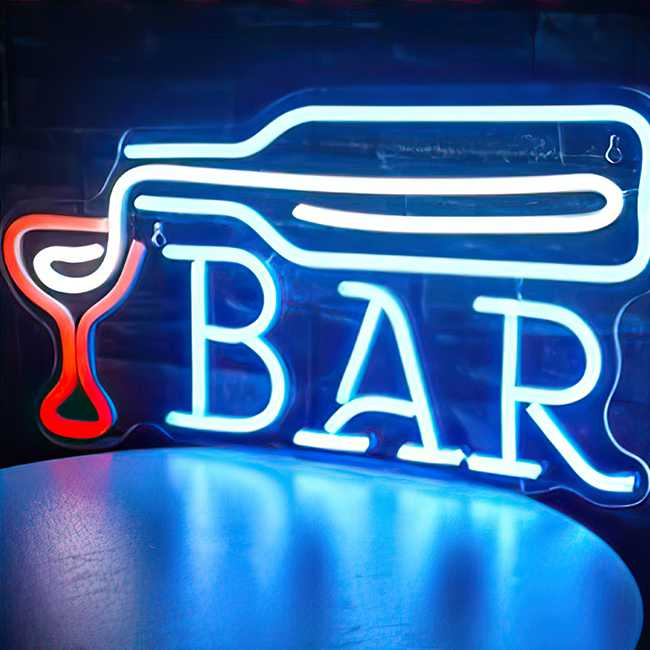 An example of trendy bar-themed neon signs, featuring a glass being filled by a bottle and the word 'Bar'. 