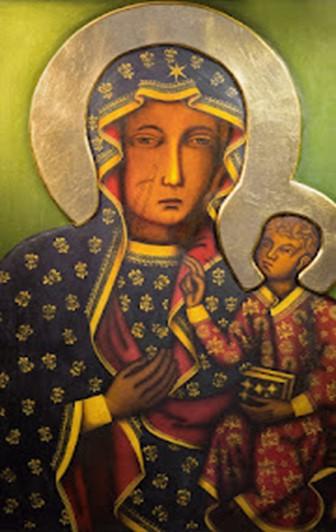 A painting of a person holding a child    Description automatically generated