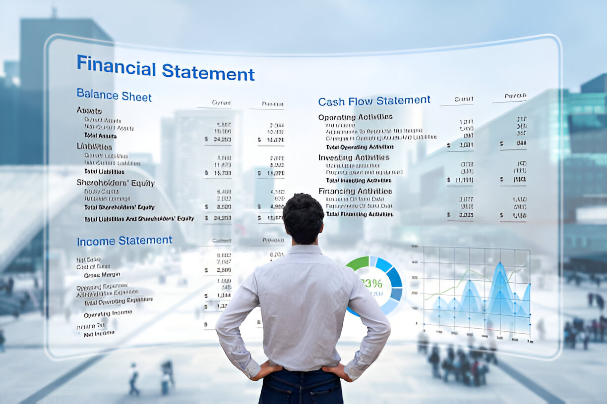 Person reviewing detailed financial statements on a large digital screen, illustrating the role of financial statements in analysis."
