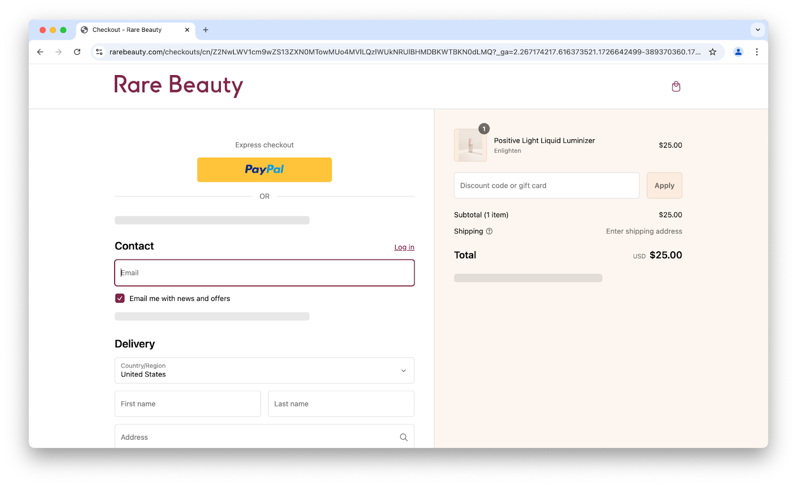 Image of Rare Beauty's checkout page.