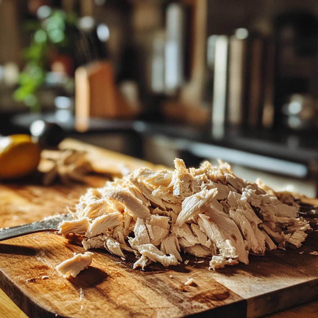 Shreded chicken on a cutting board | Source: Midjourney