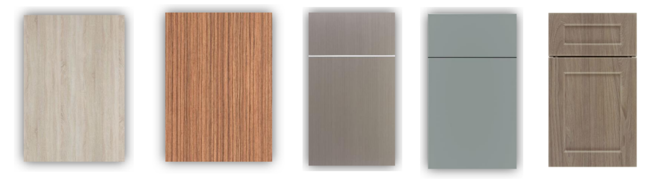 Kitchen cabinet door finishes: Melamine, HPL, Acrylic, Painted, Thermofoil.