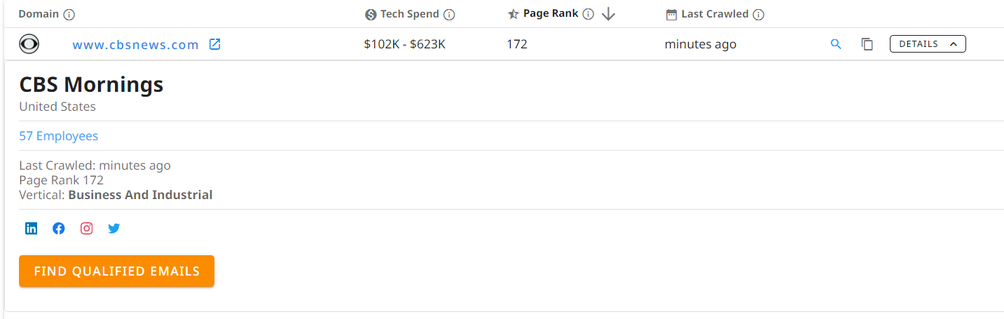 NerdyData's customer list, showing tech spend, page rank but no contact details