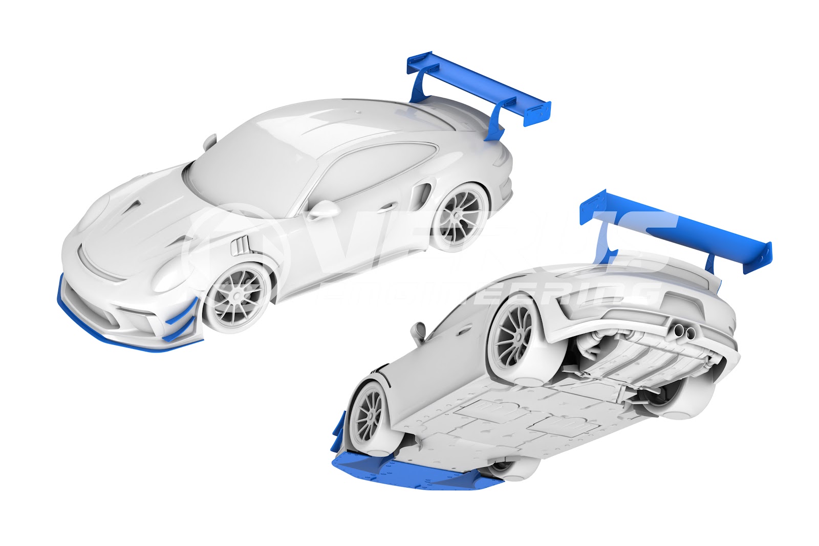 CAD model of Porsche 991 GT3 RS with aftermarket dive planes and rear wing.