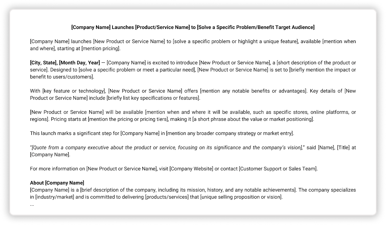 Screenshot of New Product or Service Launch press release template.