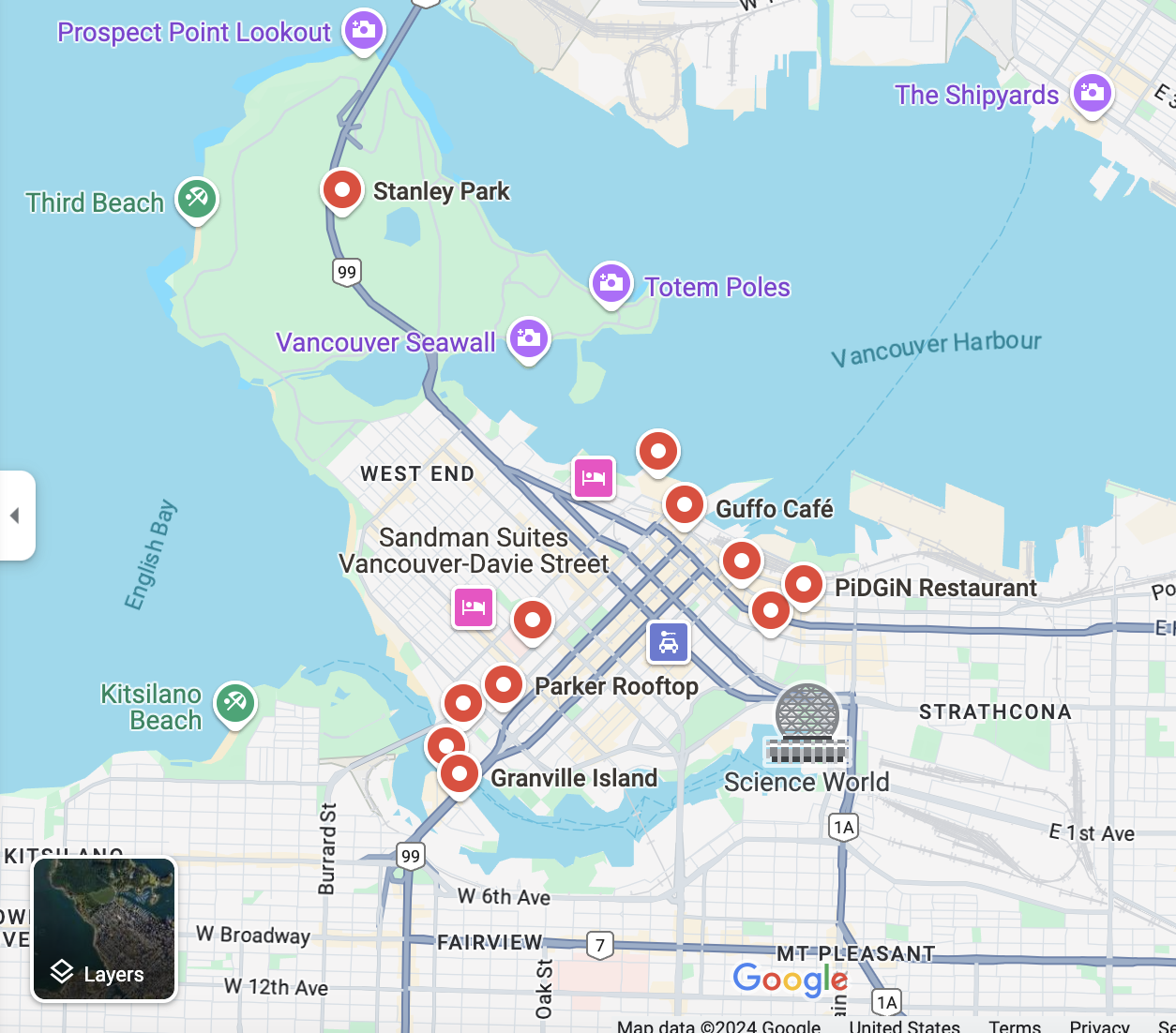 Map of Vancouver highlighting various landmarks and locations. Key points include Stanley Park, Granville Island, Guffo Café, PiDGiN Restaurant, Parker Rooftop, and Sandman Suites Vancouver-Davie Street. The Vancouver Seawall, Science World, and nearby areas such as Kitsilano Beach and Prospect Point Lookout are also shown. The locations are marked with icons indicating food, hotels, and tourist attractions. Vancouver Harbour and English Bay are visible along the shoreline.