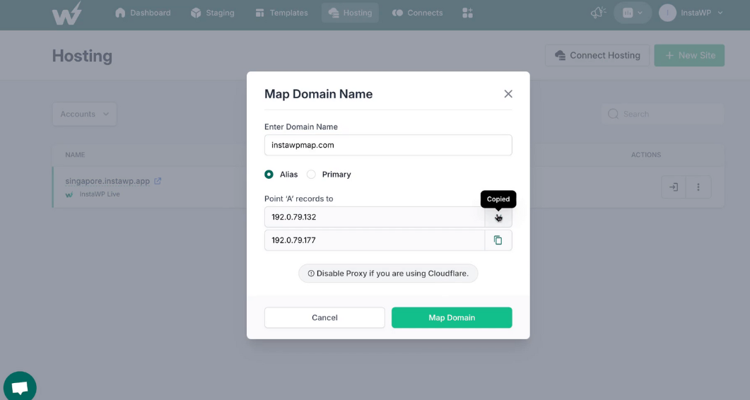 Enter the desired domain details in the given field on the InstaWP and click ‘Map Domain’.