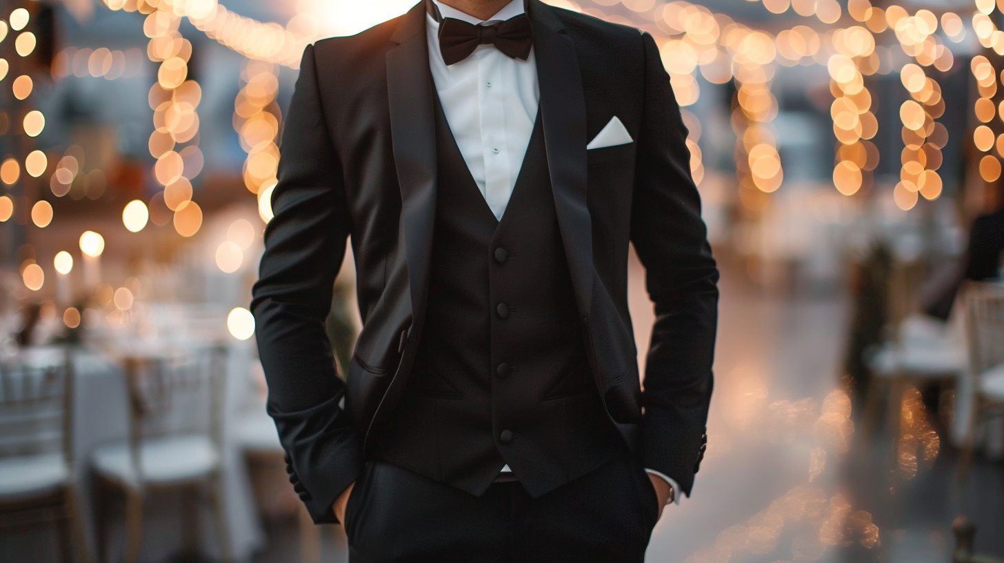 Man dressed in a tuxedo-style black suit with satin lapels, bow tie, and polished shoes, ideal for a black-tie wedding. Glamorous evening ceremony setting with soft lighting.