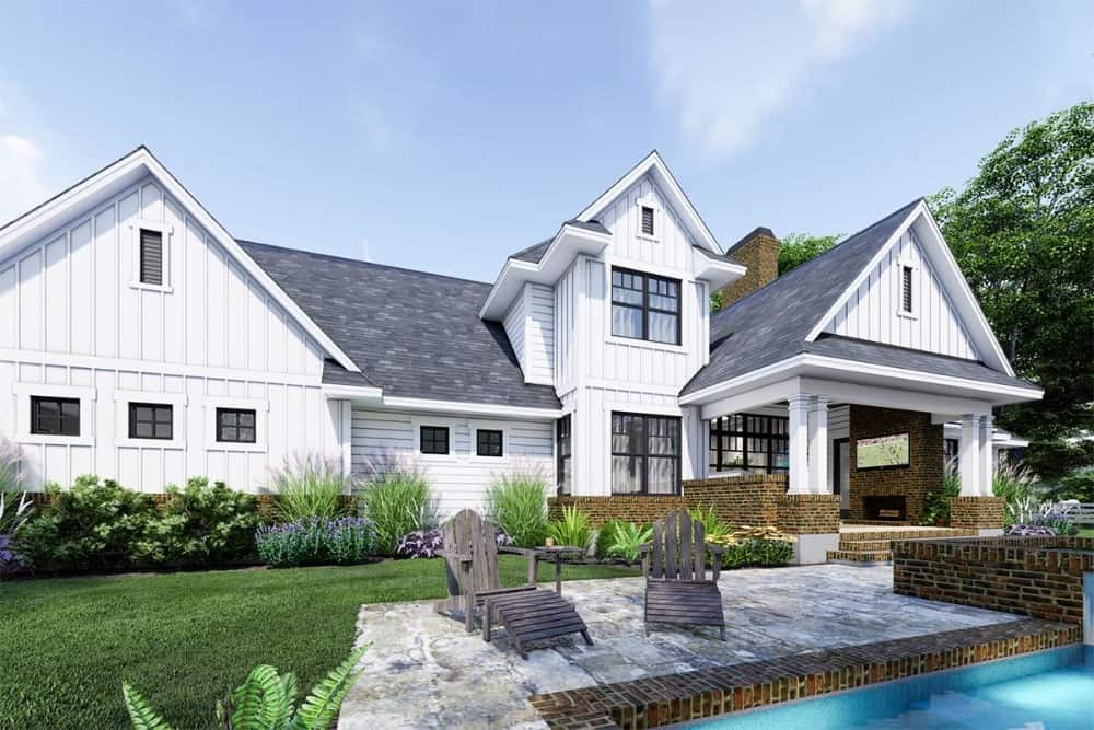 Rear-right rendering of the two-story 4-bedroom modern farmhouse.