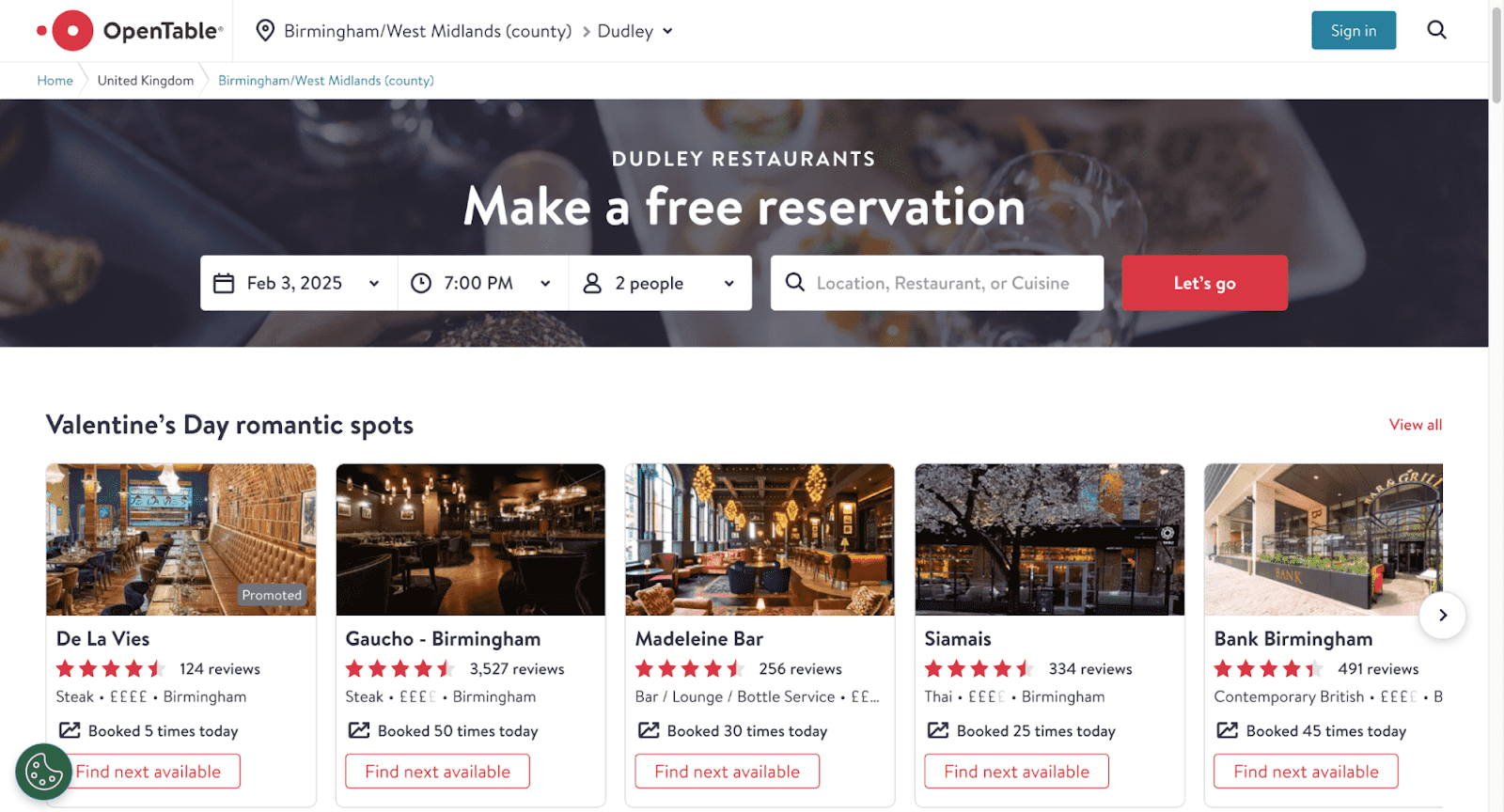 OpenTable dashboard