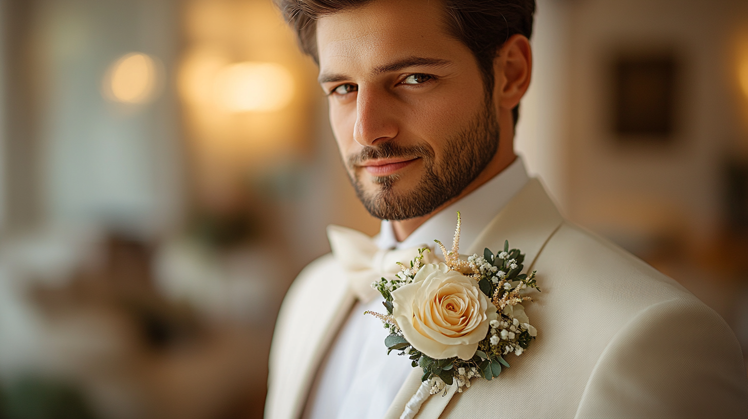 A groom in a sharp white suit, adorned with a small, elegant flower on the lapel, such as a white rose or orchid. The boutonniere complements the wedding’s color scheme, adding a fresh, stylish touch to the classic white suit. The groom’s look is refined and sophisticated, with the boutonniere enhancing the overall elegance. The wedding venue, with soft lighting and beautiful décor, highlights the groom’s polished and timeless wedding appearance