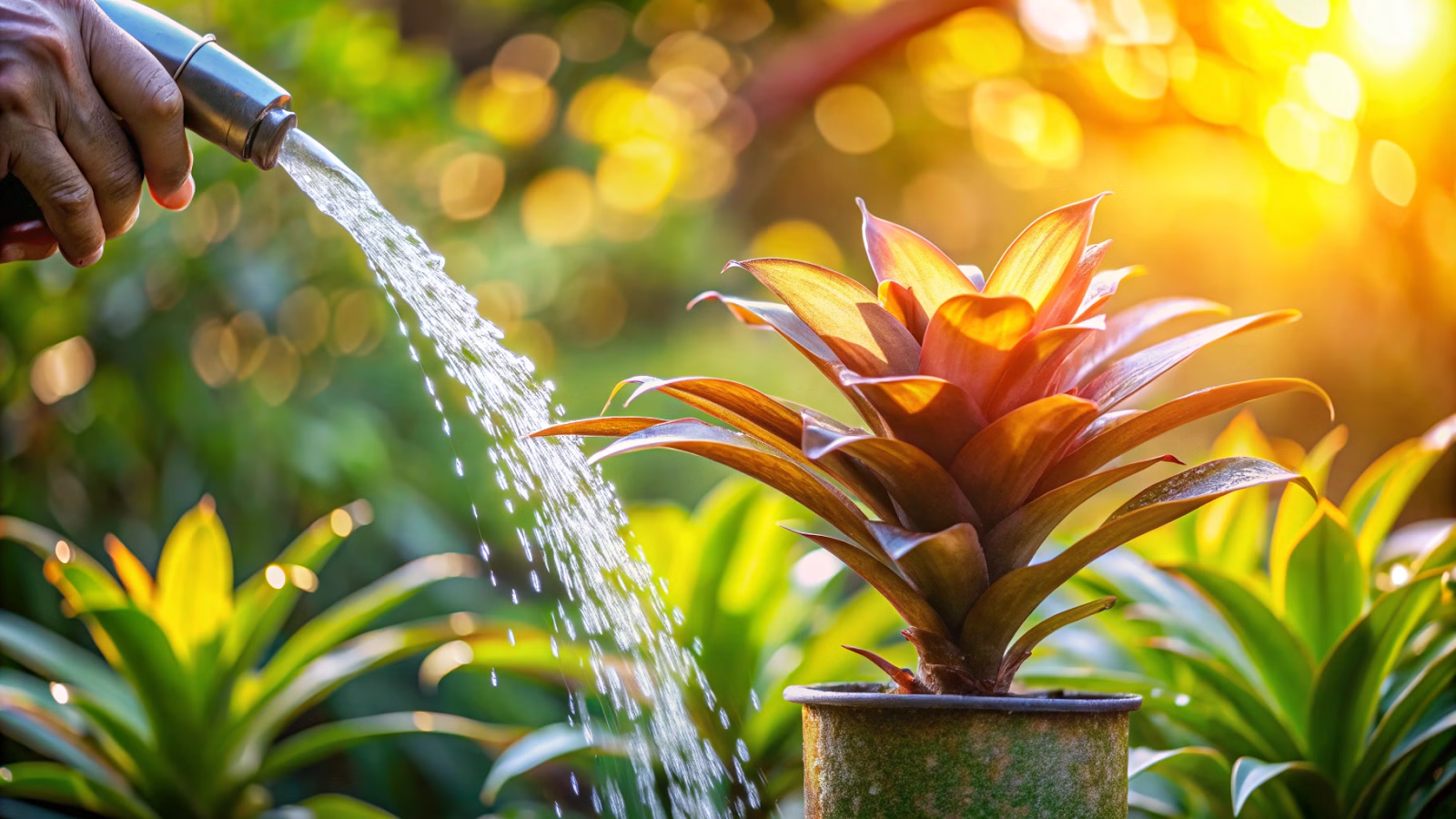 Bromelia como cuidar com luz de manhã, mostrando água escorrendo pelas folhas.