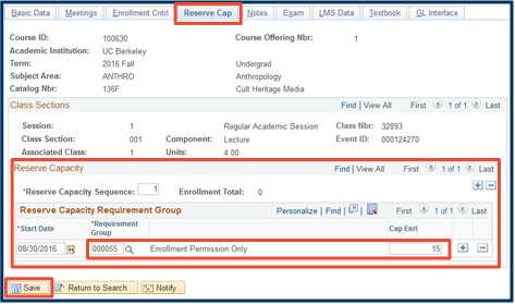 "Reserve Cap" tab, "Reserve Capacity", and "Reserve Capacity Requirement Group" sections emphasized with red box highlight. "Save" button emphasized with red box highlight.