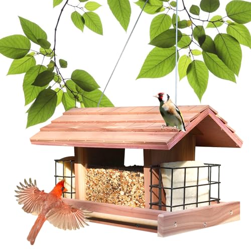 Ltwil Wood Bird Feeders for Outdoors Hanging Large Cedar Bird Feeders for Outdoors with 2 Suet Cages Waterproof Bird Feeders for Garden Decoration