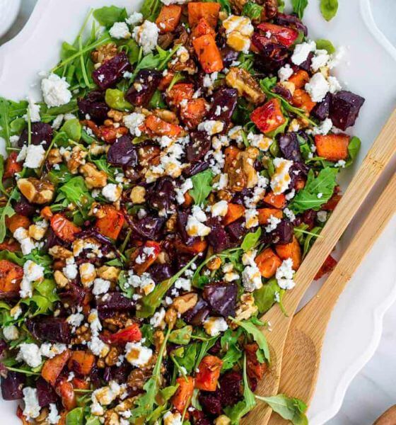 Sweet potato beet salad in white baking dish