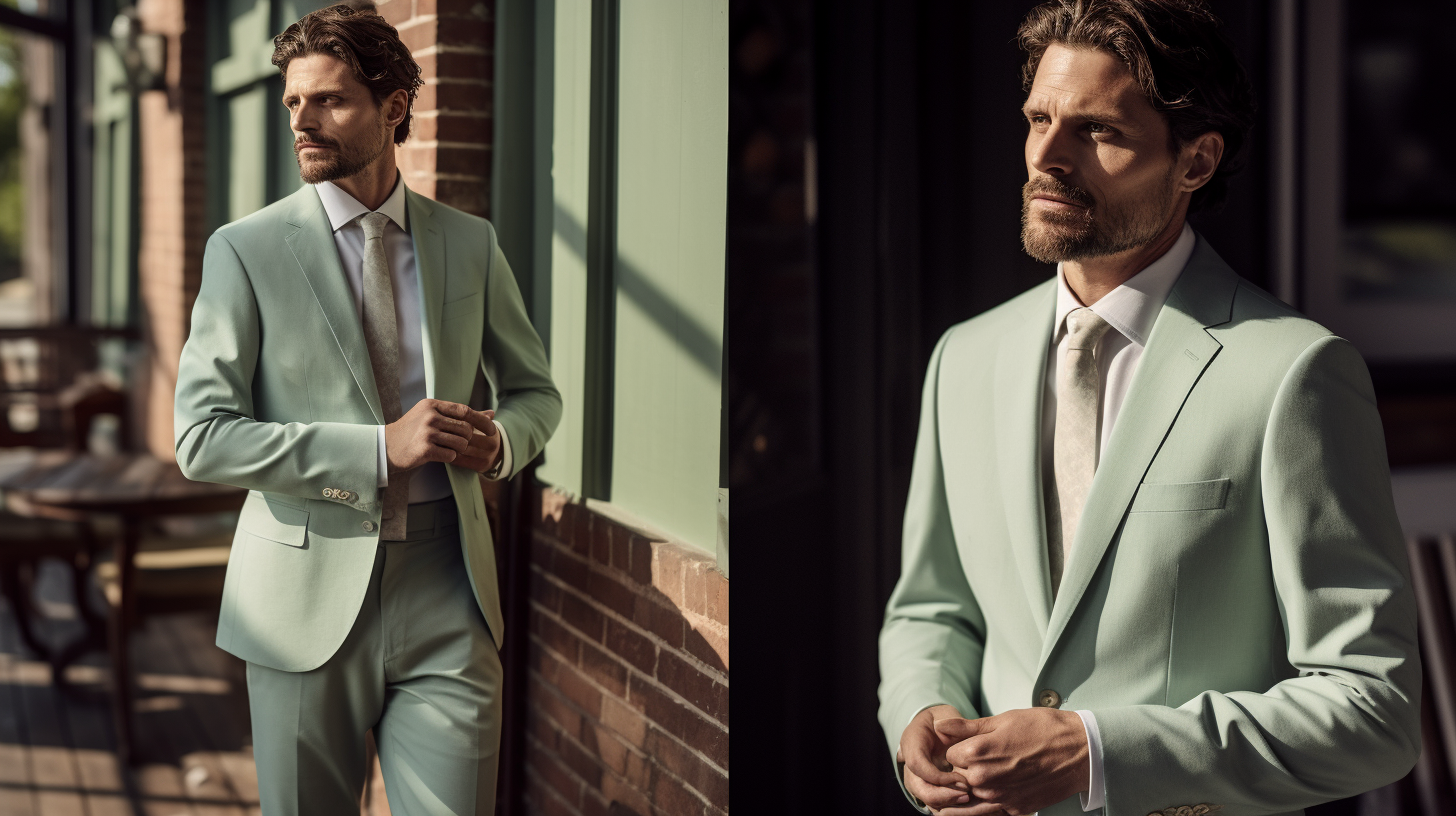 Man wearing a light green mint or sage suit, tailored for a casual gathering or daytime event. The suit features a relaxed, fresh fit paired with a simple, light-colored dress shirt. Accessories are minimal, including a subtle pocket square or leather belt. The overall look is clean, stylish, and perfect for informal events like casual lunches or gatherings. The setting is relaxed, with soft, natural lighting in an outdoor or casual venue.