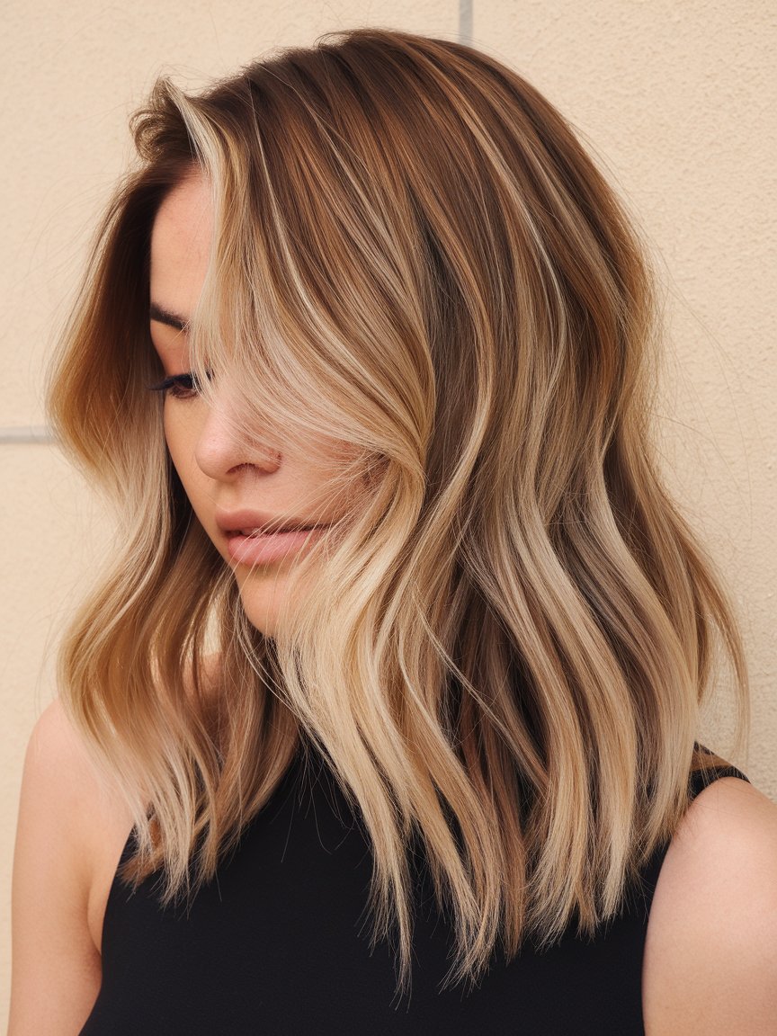 23. Feathered Lob with Caramel Balayage