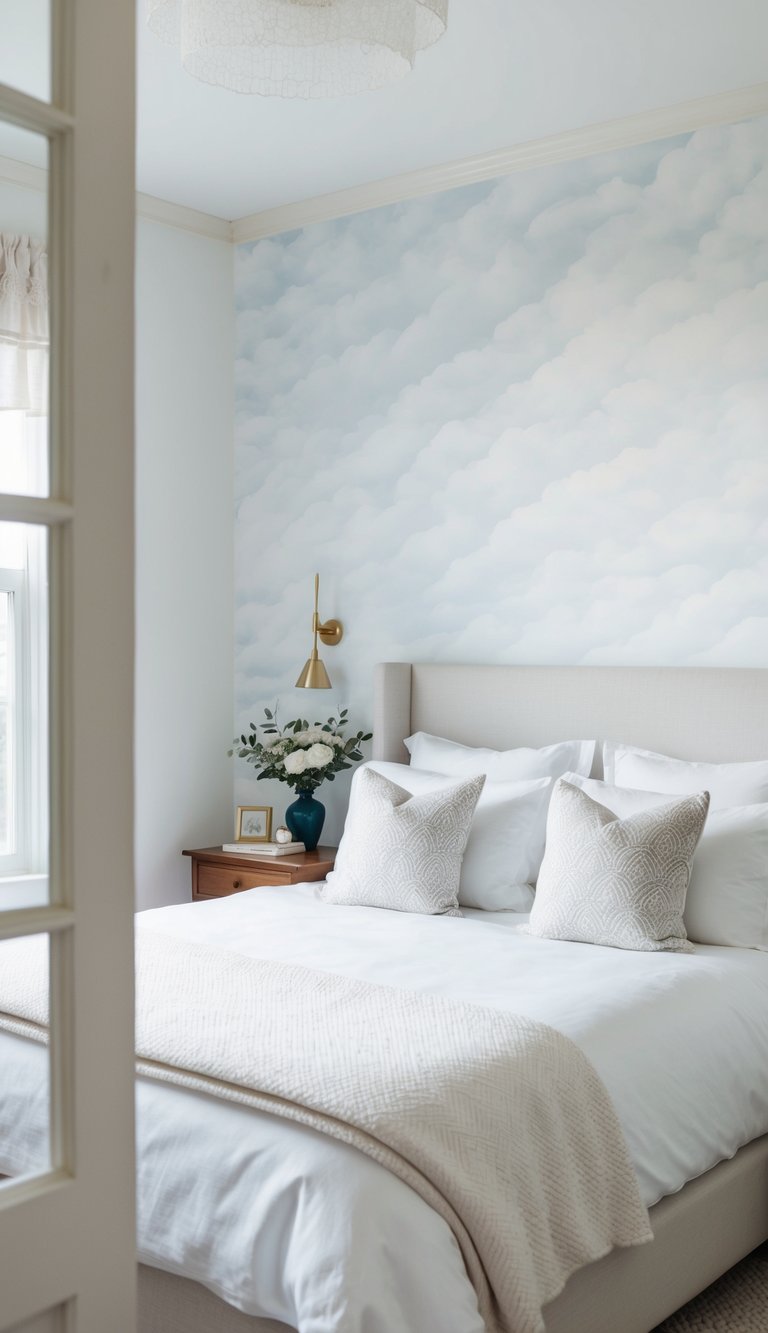 A serene white bedroom with cloud pattern wallpaper