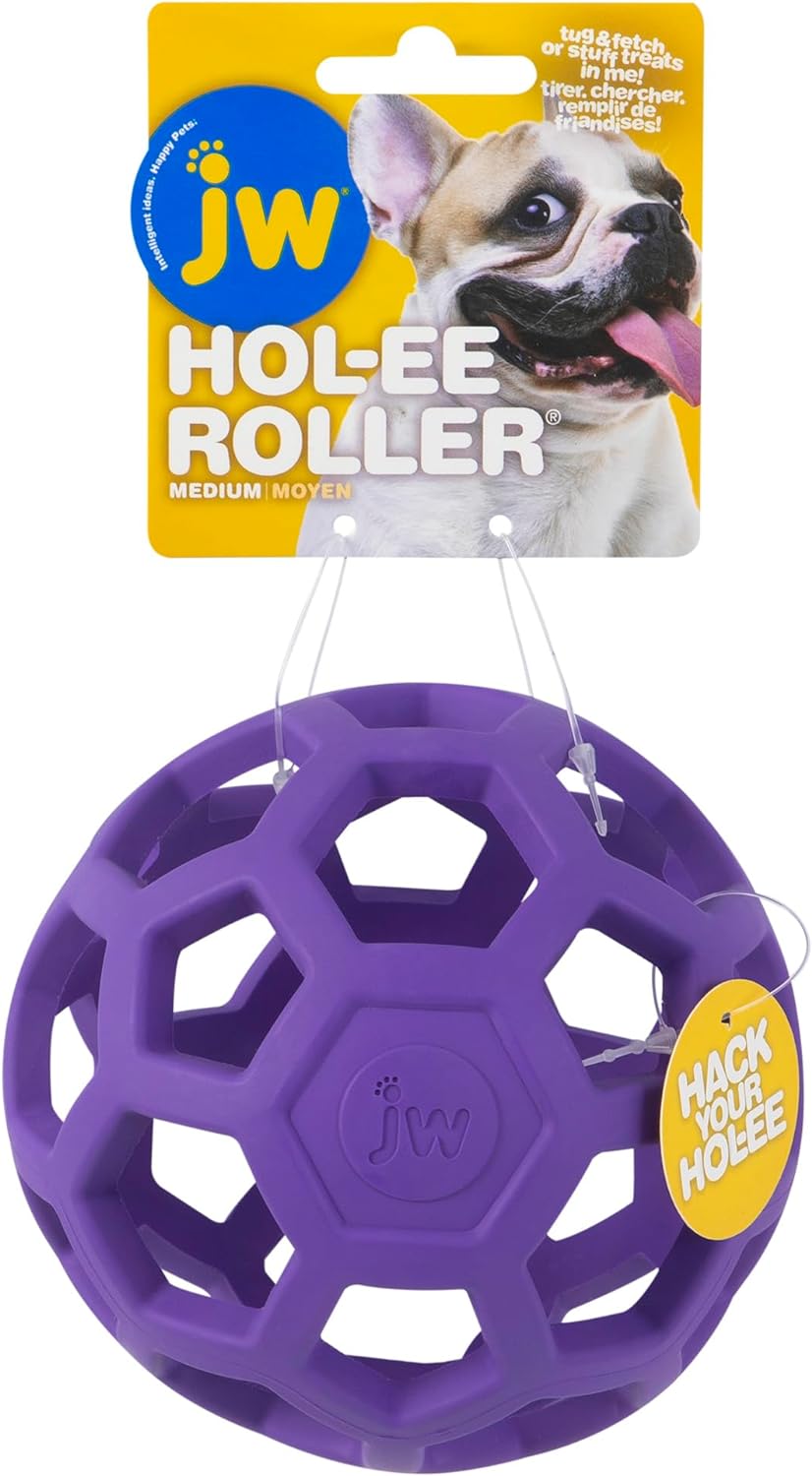 Purple Hol-ee Roller dog toy with tag and image.