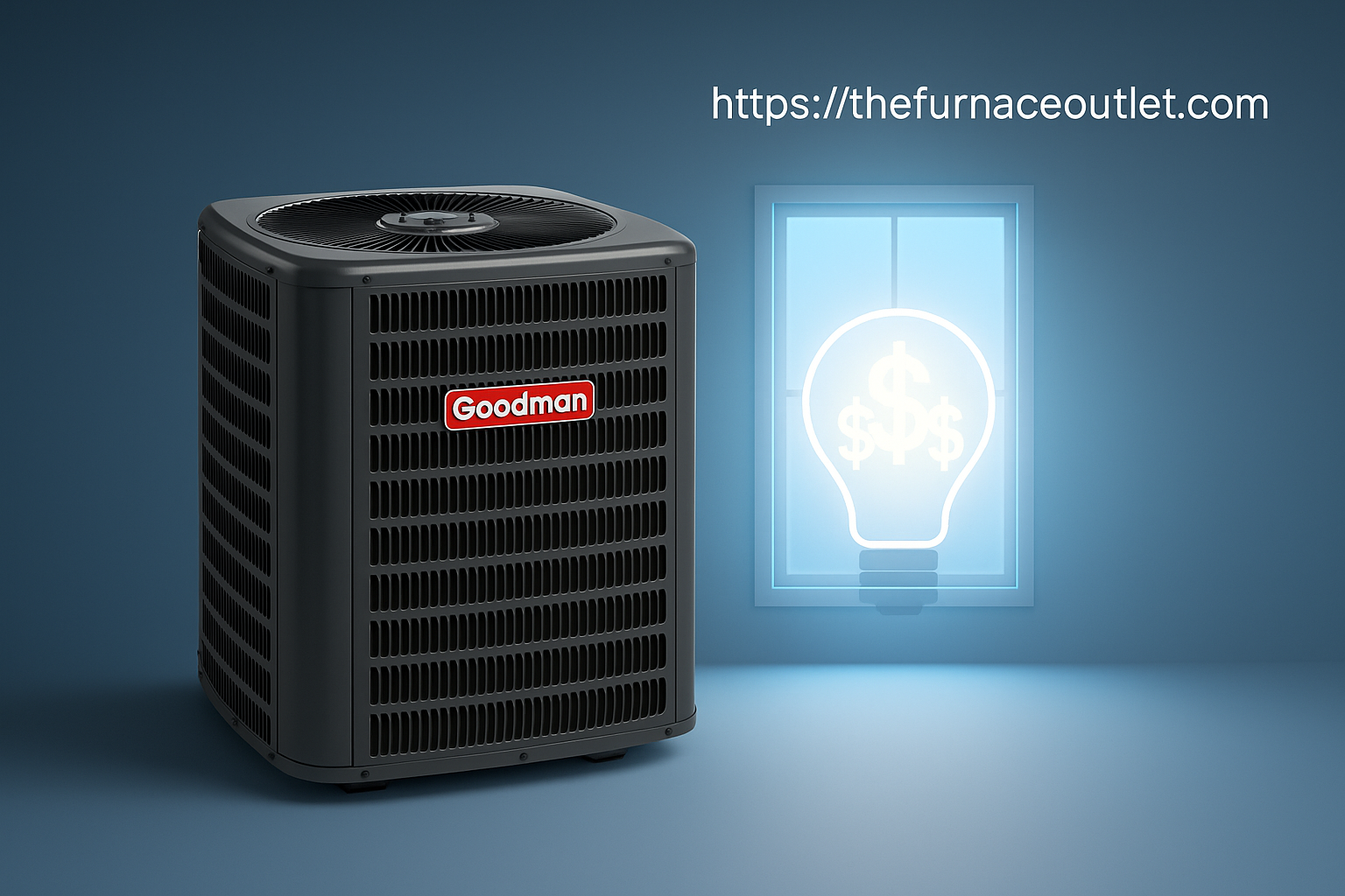 A Goodman 3-ton air conditioner next to a window with a glowing dollar sign lightbulb graphic, symbolizing reliable performance and energy savings, branded by The Furnace Outlet.
