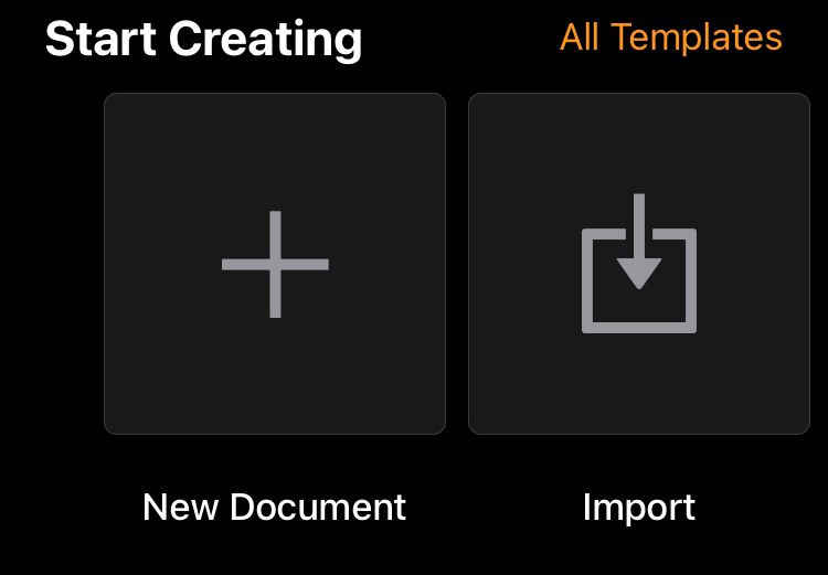 Linearity Curve interface showing 'Start Creating' options with 'New Document' and 'Import' buttons, and 'All Templates' section highlighted.