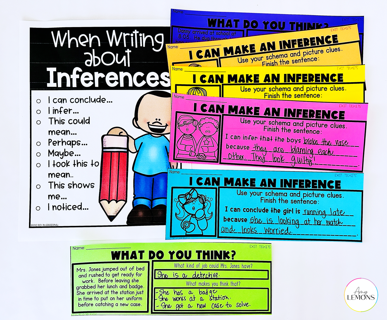 Making inferences exit tickets in assorted neon colors and inferences poster