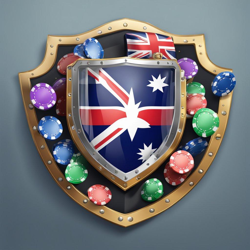 A shield with the Australian flag on it, surrounded by various symbols of online casino games, with a protective barrier around it